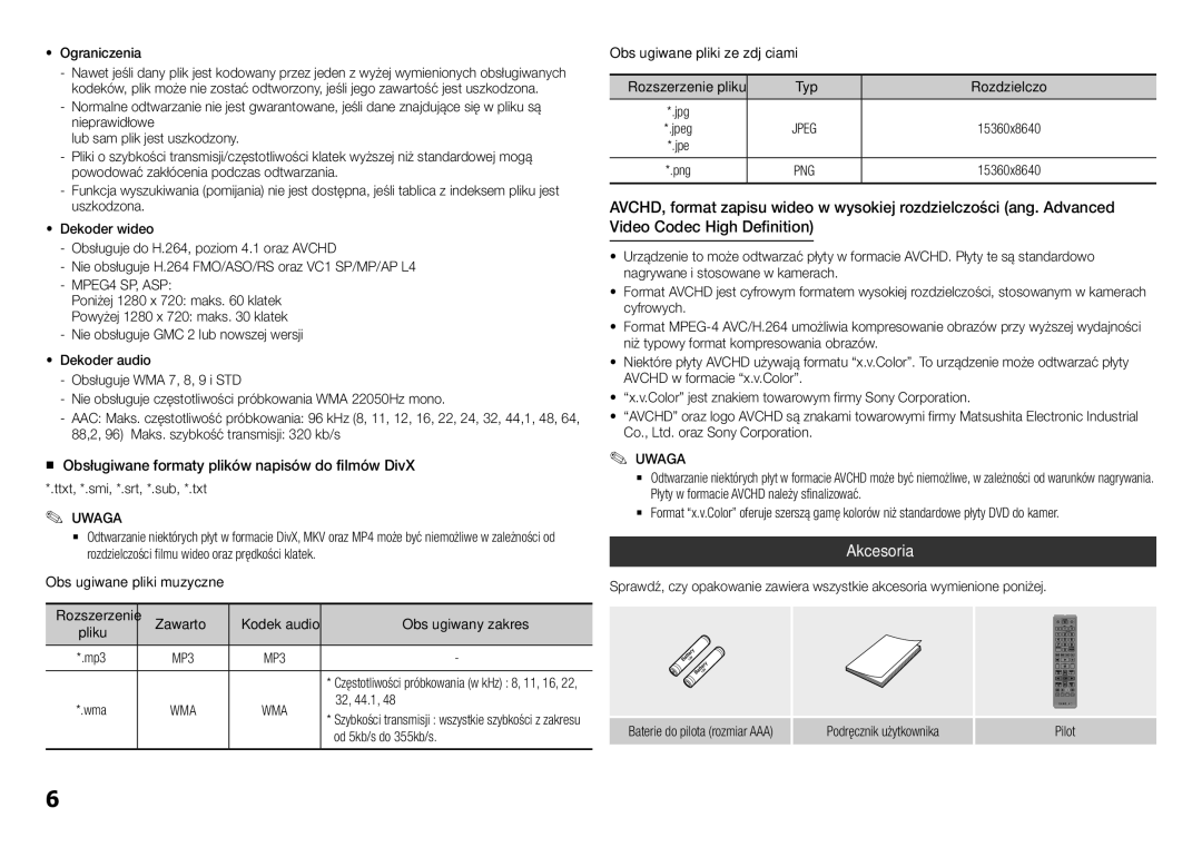 Samsung BD-H5500/EN manual Akcesoria, „„ Obsługiwane formaty plików napisów do filmów DivX, Obsługiwane pliki muzyczne 