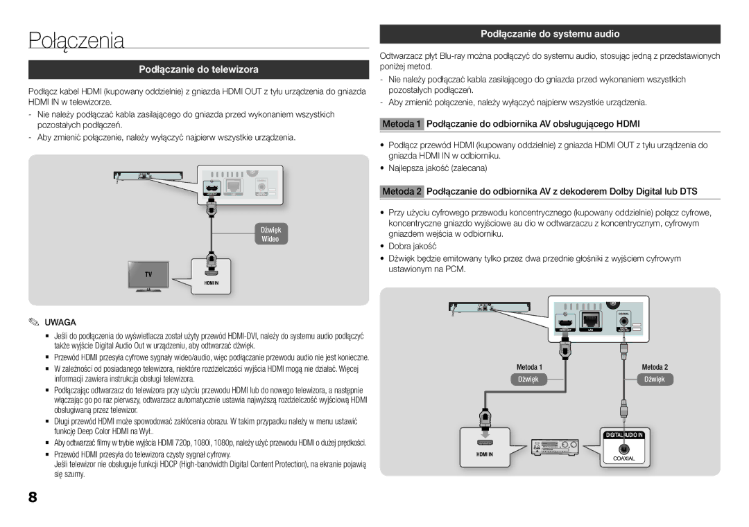 Samsung BD-H5500/EN manual Połączenia, Podłączanie do telewizora, Podłączanie do systemu audio 