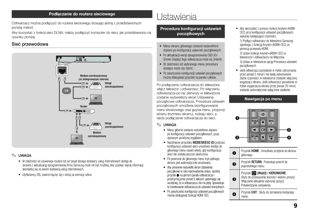 Samsung BD-H5500/EN manual Ustawienia, Sieć przewodowa, Podłączanie do routera sieciowego, Nawigacja po menu 