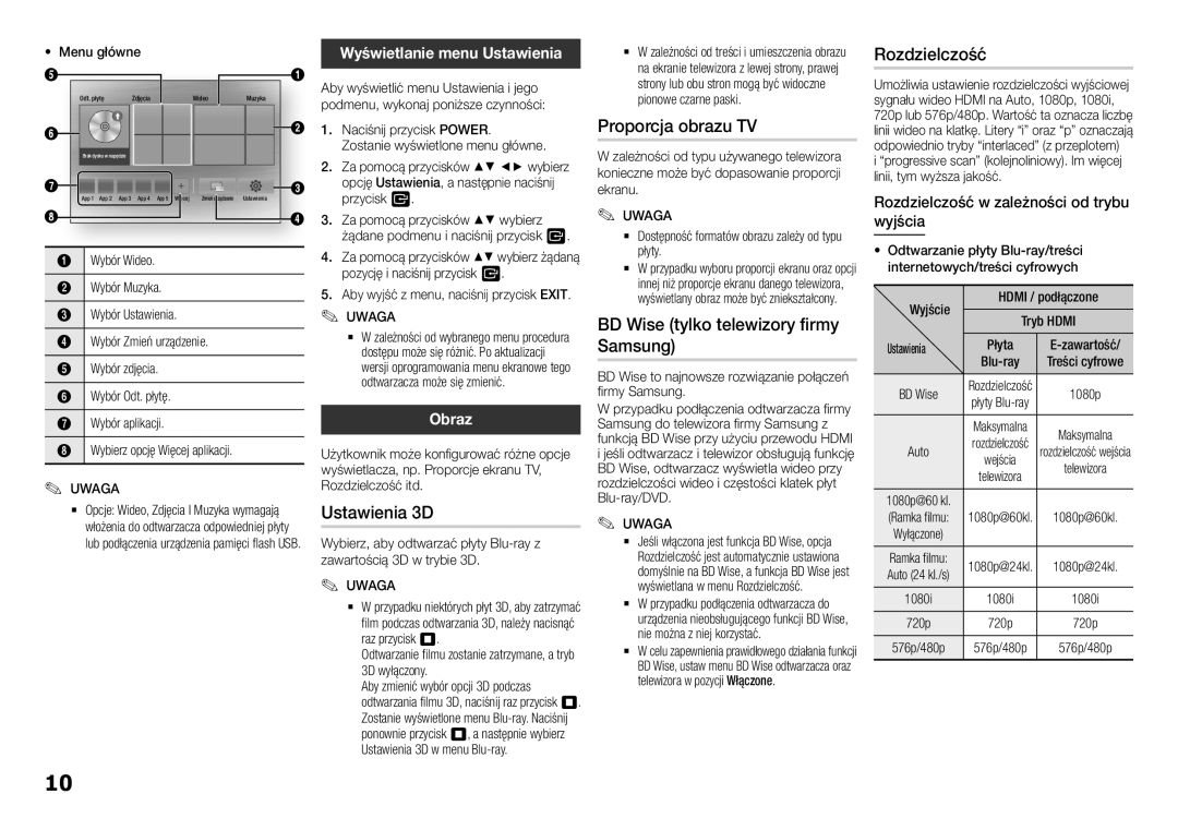 Samsung BD-H5500/EN manual Ustawienia 3D, Proporcja obrazu TV, BD Wise tylko telewizory firmy Samsung, Rozdzielczość 