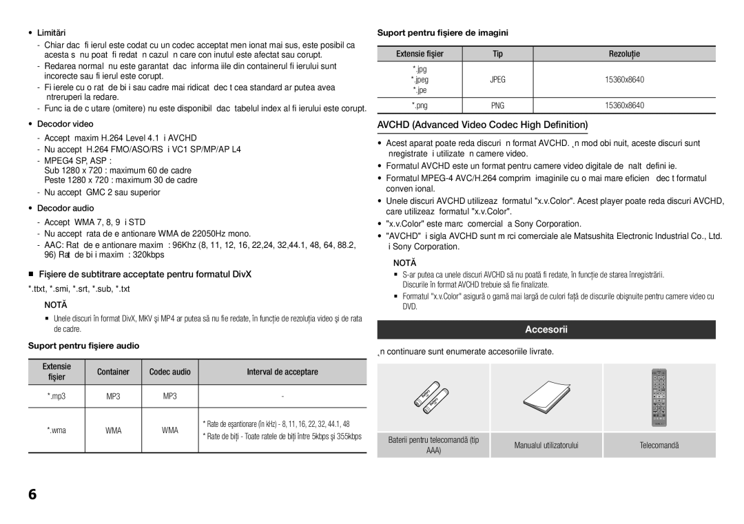 Samsung BD-H5500/EN manual Avchd Advanced Video Codec High Definition, Accesorii, Suport pentru fişiere audio 