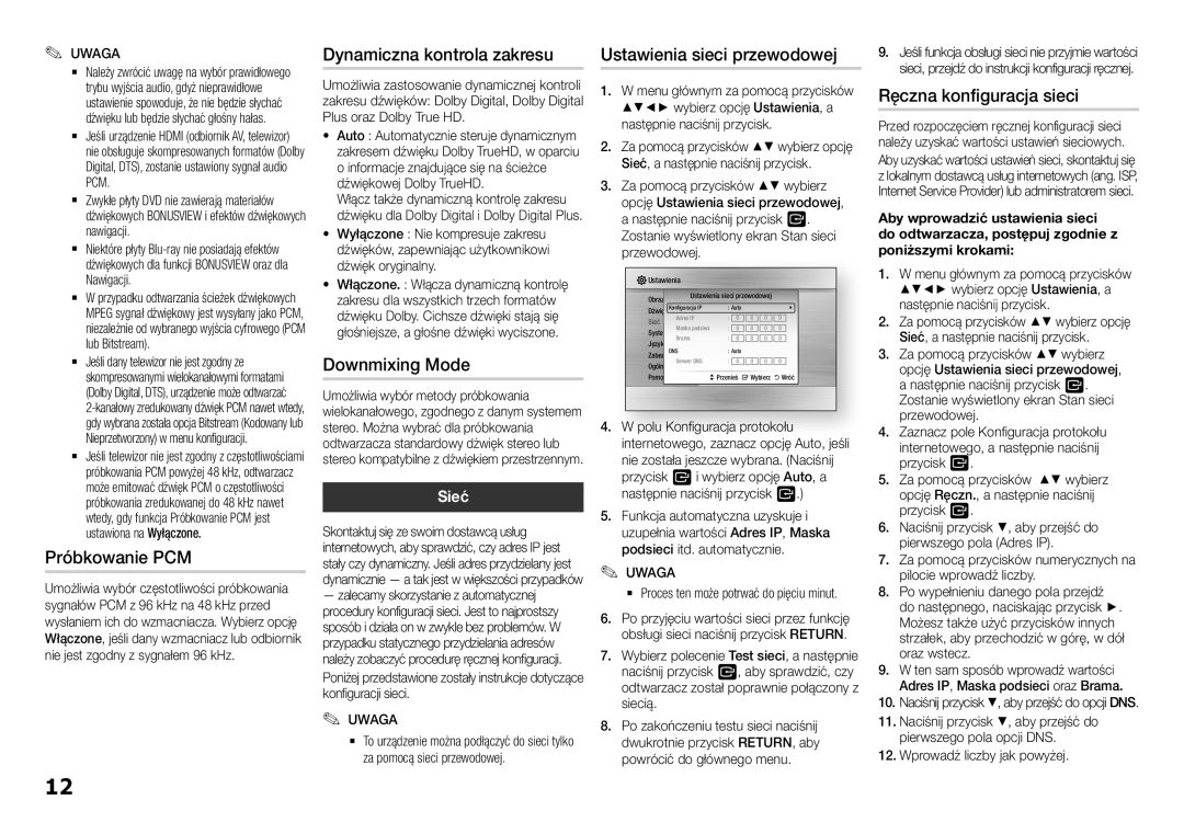 Samsung BD-H5500/EN manual Dynamiczna kontrola zakresu, Próbkowanie PCM, Downmixing Mode, Ręczna konfiguracja sieci, Sieć 