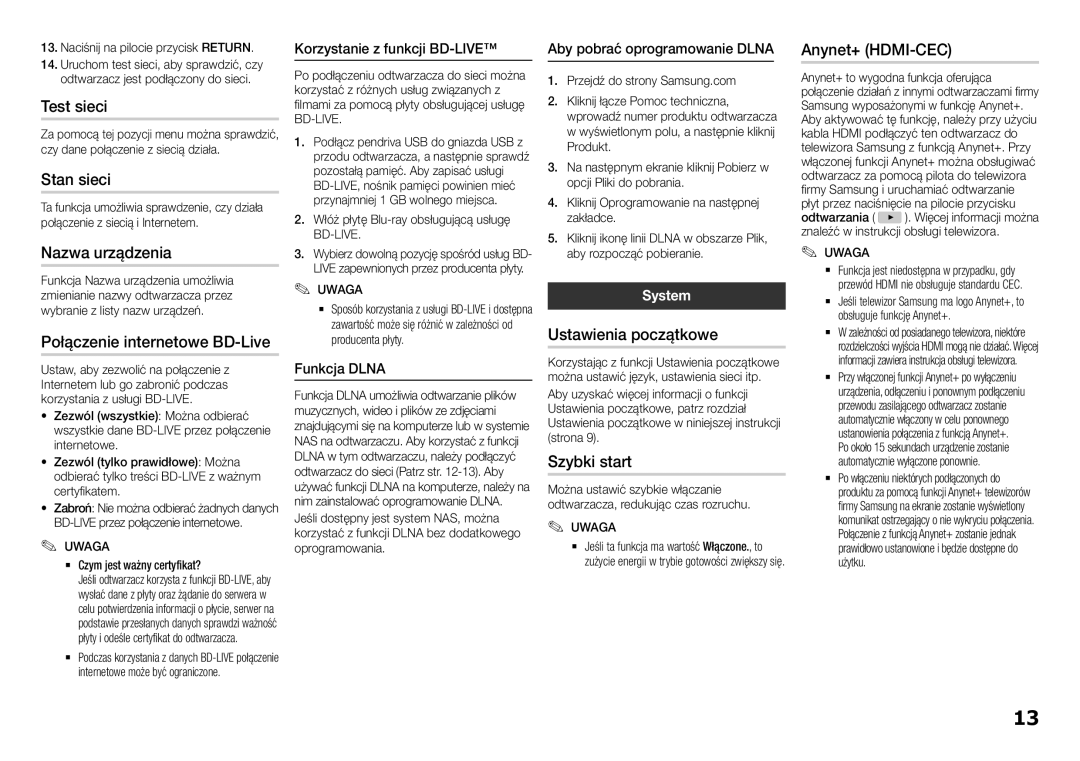 Samsung BD-H5500/EN manual Test sieci, Stan sieci, Nazwa urządzenia, Połączenie internetowe BD-Live, Ustawienia początkowe 