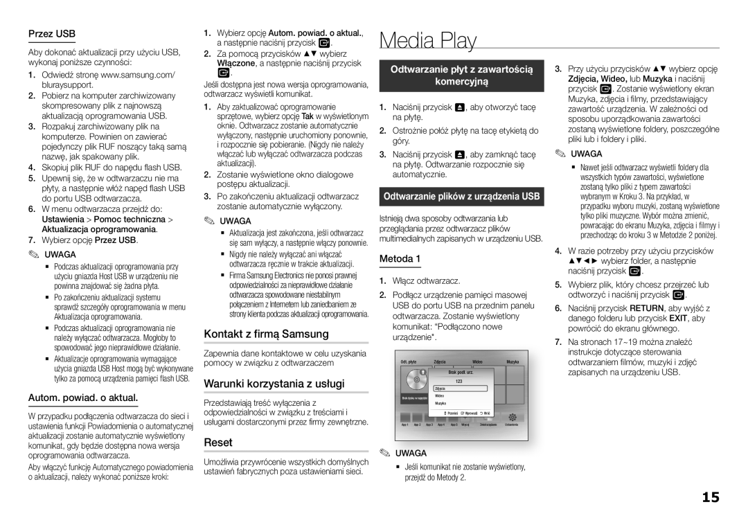 Samsung BD-H5500/EN manual Media Play, Kontakt z firmą Samsung, Warunki korzystania z usługi 