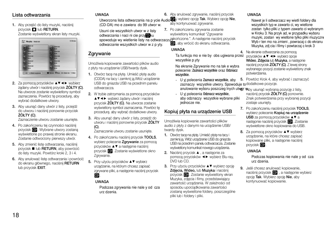 Samsung BD-H5500/EN manual Lista odtwarzania, Zgrywanie, Kopiuj płyta na urządzenie USB, Żółty C 