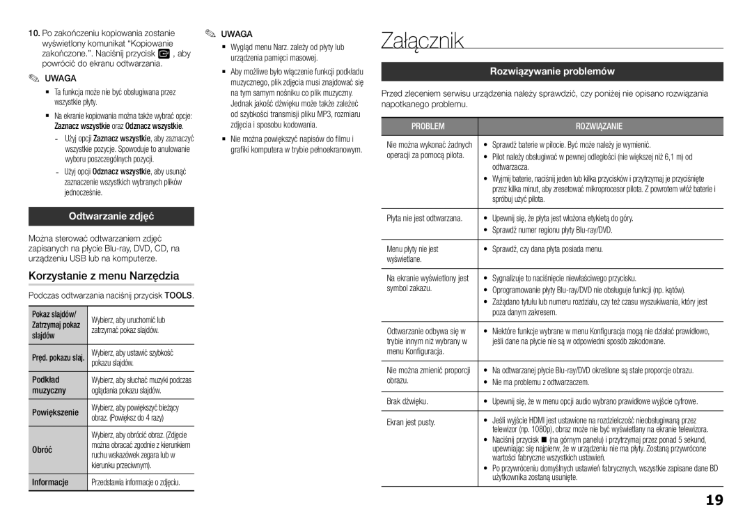 Samsung BD-H5500/EN manual Załącznik, Korzystanie z menu Narzędzia, Odtwarzanie zdjęć, Rozwiązywanie problemów 