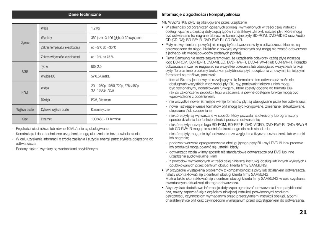 Samsung BD-H5500/EN manual Dane techniczne, Informacje o zgodności i kompatybilności 