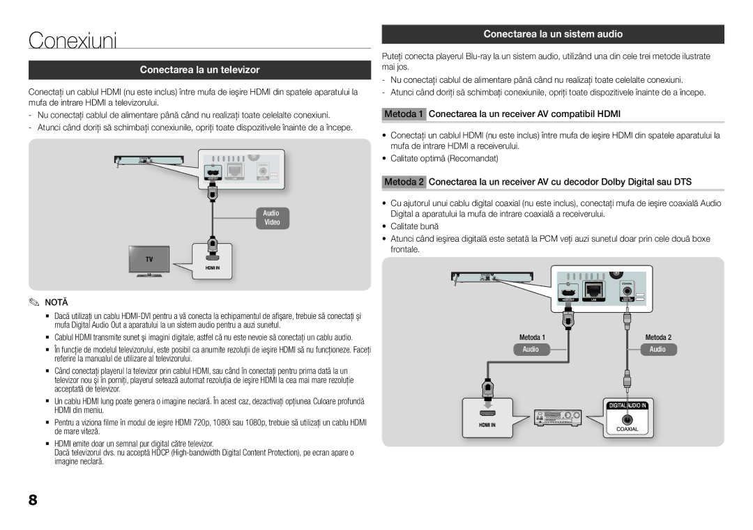 Samsung BD-H5500/EN manual Conexiuni, Conectarea la un televizor, Conectarea la un sistem audio, Metoda 