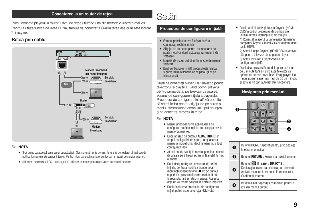 Samsung BD-H5500/EN manual Setări, Reţea prin cablu, Conectarea la un router de reţea, Procedura de configurare iniţială 