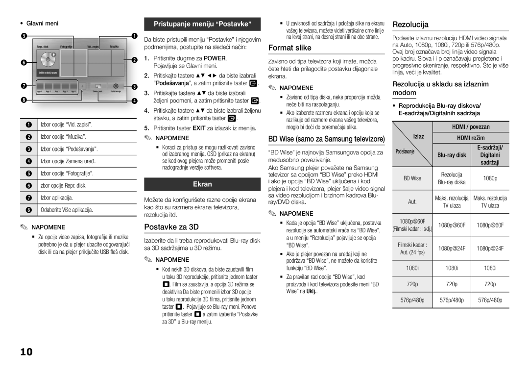 Samsung BD-H5500/EN manual Postavke za 3D, Format slike, Ekran, Rezolucija u skladu sa izlaznim modom 