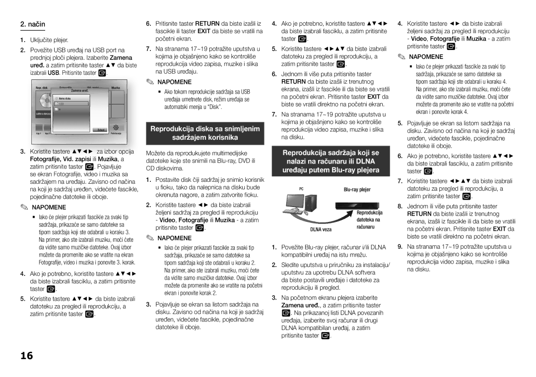 Samsung BD-H5500/EN manual Sadržajem korisnika, Uključite plejer Povežite USB uređaj na USB port na, Zamena 