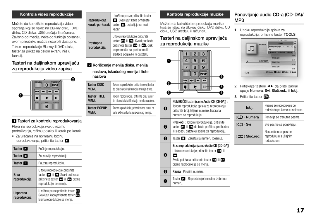 Samsung BD-H5500/EN manual Ponavljanje audio CD-a CD-DA/ MP3, Kontrola video reprodukcije, Kontrola reprodukcije muzike 