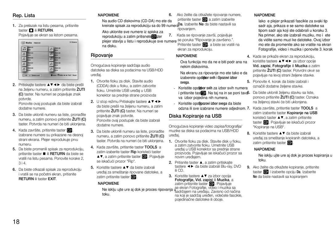 Samsung BD-H5500/EN manual Rep. Lista, Ripovanje, Diska Kopiranje na USB 