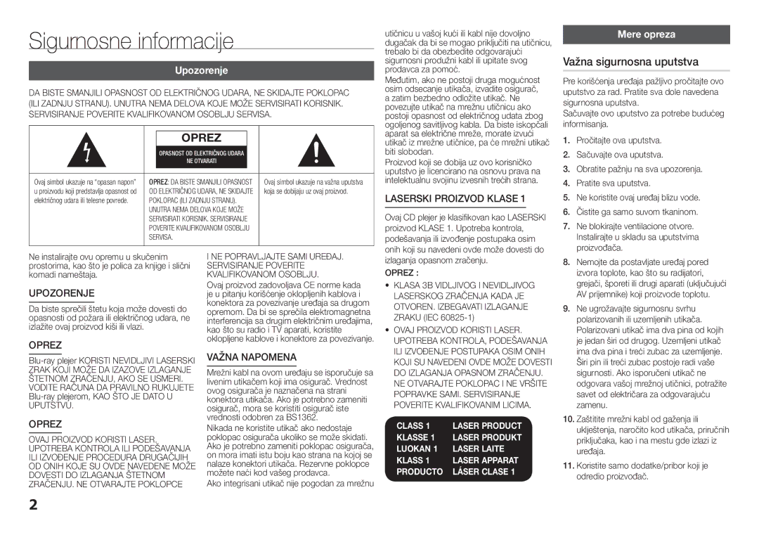 Samsung BD-H5500/EN manual Sigurnosne informacije, Važna sigurnosna uputstva, Upozorenje, Mere opreza, Oprez 