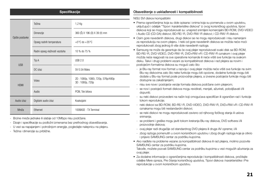 Samsung BD-H5500/EN manual Specifikacije, Obaveštenje o usklađenosti i kompatibilnosti 