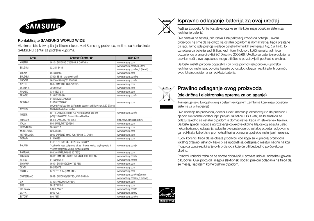 Samsung BD-H5500/EN manual Ispravno odlaganje baterija za ovaj uređaj 