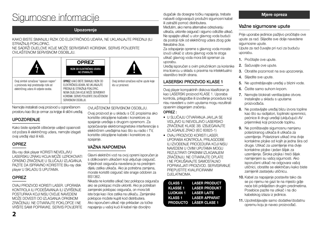 Samsung BD-H5500/EN manual Važne sigurnosne upute, Mjere opreza, Ovlaštenom Servisnom Osoblju 