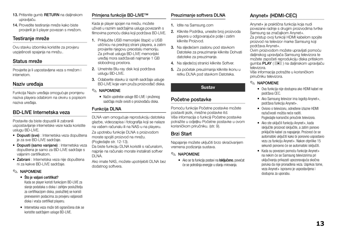 Samsung BD-H5500/EN manual Testiranje mreže, Naziv uređaja, BD-LIVE Internetska veza, Brzi Start, Sustav 