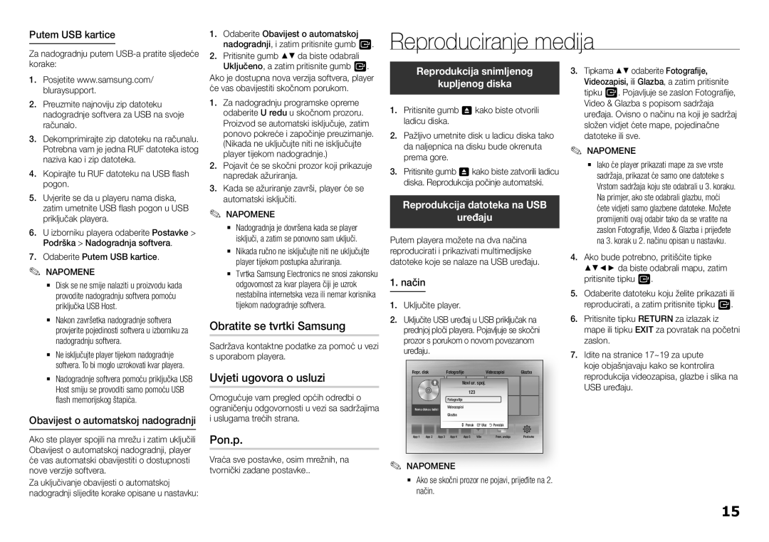 Samsung BD-H5500/EN manual Reproduciranje medija, Obratite se tvrtki Samsung, Uvjeti ugovora o usluzi, Pon.p 