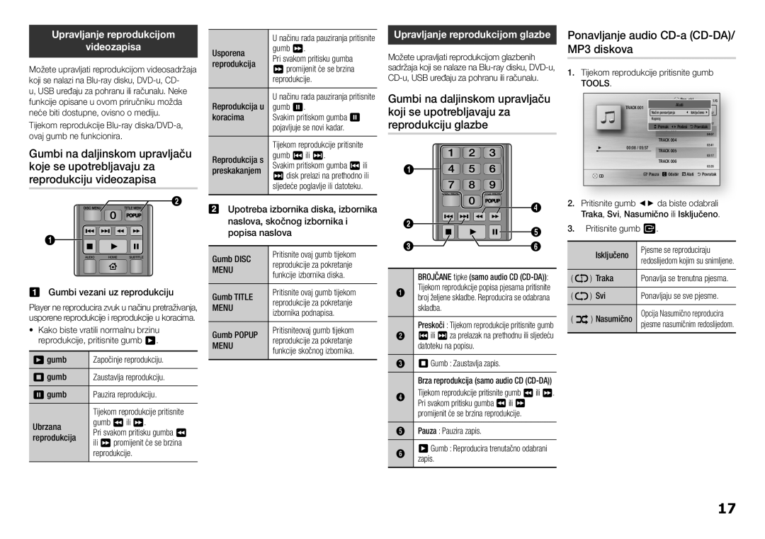 Samsung BD-H5500/EN manual Koje se upotrebljavaju za, Ponavljanje audio CD-a CD-DA/ MP3 diskova, Reprodukciju videozapisa 