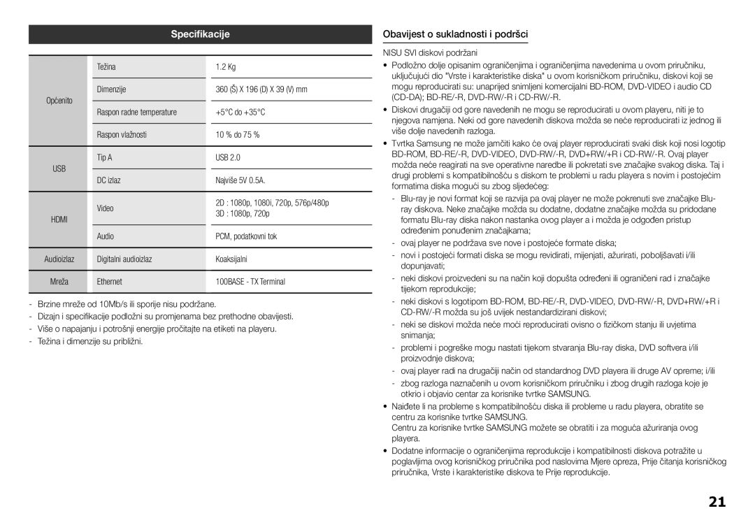 Samsung BD-H5500/EN manual Obavijest o sukladnosti i podršci, Audio PCM, podatkovni tok, Digitalni audioizlaz Koaksijalni 