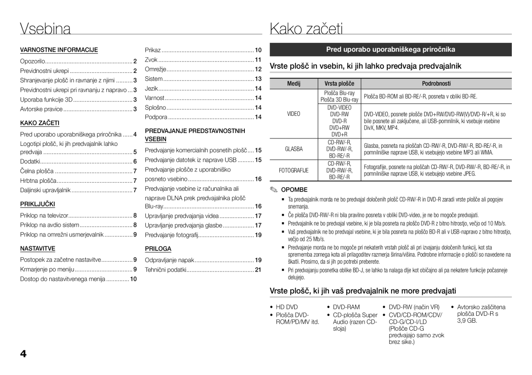 Samsung BD-H5500/EN manual Vsebina Kako začeti, Vrste plošč in vsebin, ki jih lahko predvaja predvajalnik 