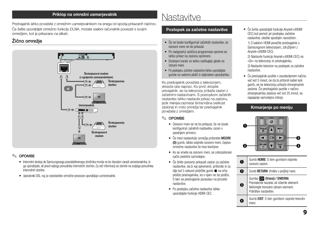 Samsung BD-H5500/EN manual Nastavitve, Žično omrežje, Priklop na omrežni usmerjevalnik, Postopek za začetne nastavitve 