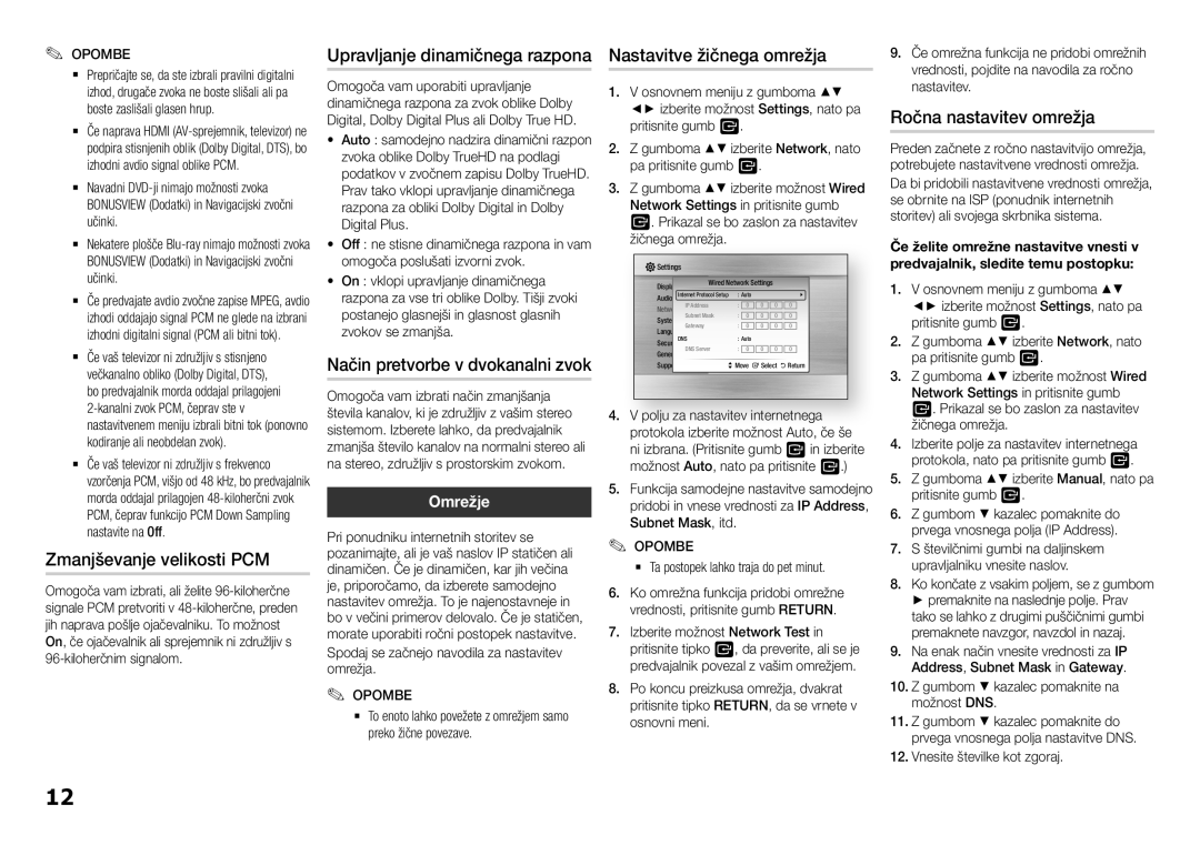 Samsung BD-H5500/EN manual Upravljanje dinamičnega razpona Nastavitve žičnega omrežja, Zmanjševanje velikosti PCM, Omrežje 