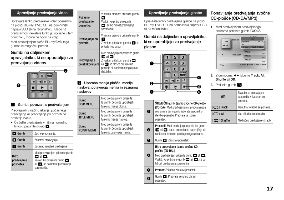 Samsung BD-H5500/EN manual Upravljanje predvajanja videa, Upravljanje predvajanja glasbe, Gumbi, povezani s predvajanjem 