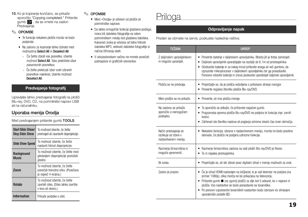 Samsung BD-H5500/EN manual Priloga, Uporaba menija Orodja, Predvajanje fotografij, Odpravljanje napak 