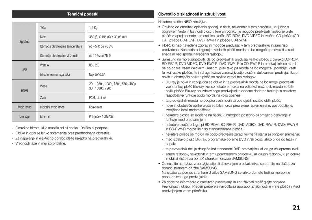 Samsung BD-H5500/EN manual Tehnični podatki, Obvestilo o skladnosti in združljivosti 