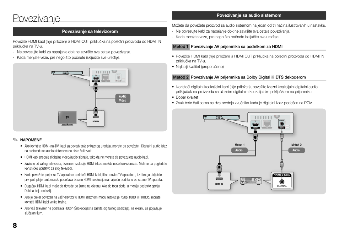 Samsung BD-H5500/EN manual Povezivanje sa televizorom, Povezivanje sa audio sistemom, Metod 