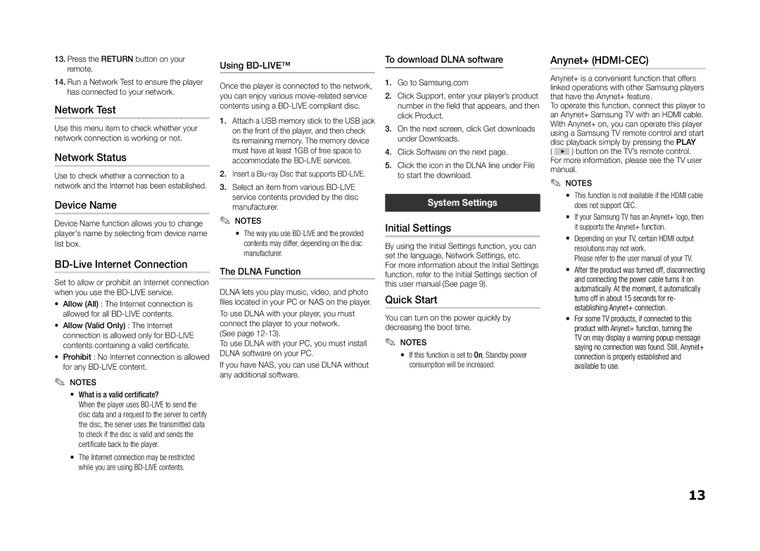 Samsung BD-H5500/XS Network Test, Network Status, Device Name, BD-Live Internet Connection, Initial Settings, Quick Start 