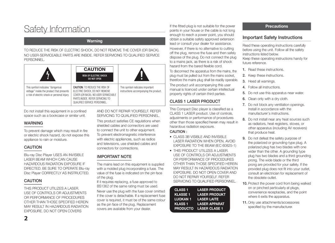 Samsung BD-H5500/HC, BD-H5500/SJ Safety Information, Important Safety Instructions, Class 1 Laser product, Precautions 