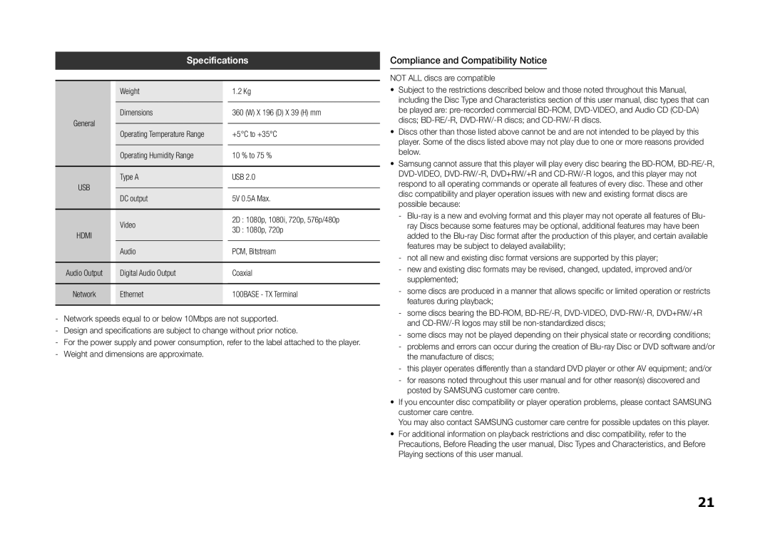 Samsung BD-H5500/UM, BD-H5500/SJ, BD-H5500/HC, BD-H5500/XS, BD-H5500/ZN Specifications, Compliance and Compatibility Notice 