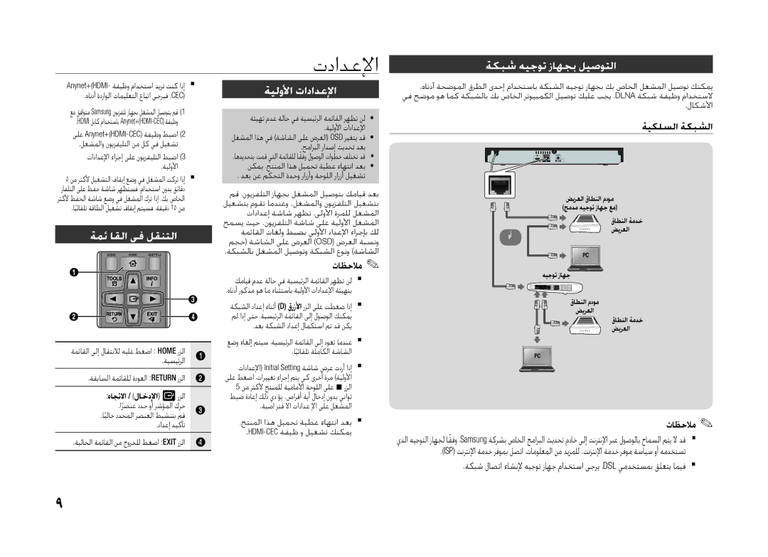 Samsung BD-H5500/XS, BD-H5500/SJ تدادعلإا, ةكبش هيجوت زاهجب ليصوتلا, ةمئ اقلا يف لقنتلا, ةيلولأا تادادعلإا, ةيكلسلا ةكبشلا 