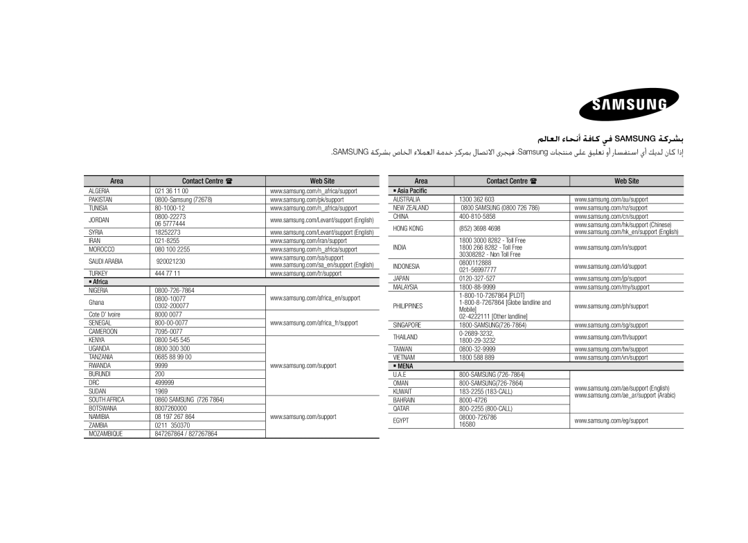 Samsung BD-H5500/XS, BD-H5500/SJ, BD-H5500/UM, BD-H5500/HC, BD-H5500/ZN manual Area Contact Centre  Web Site 