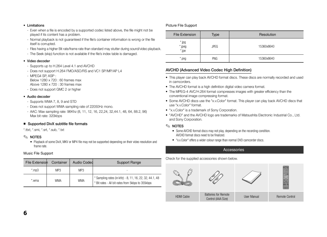 Samsung BD-H5500/UM, BD-H5500/SJ, BD-H5500/HC manual Avchd Advanced Video Codec High Definition, Accessories, File Extension 