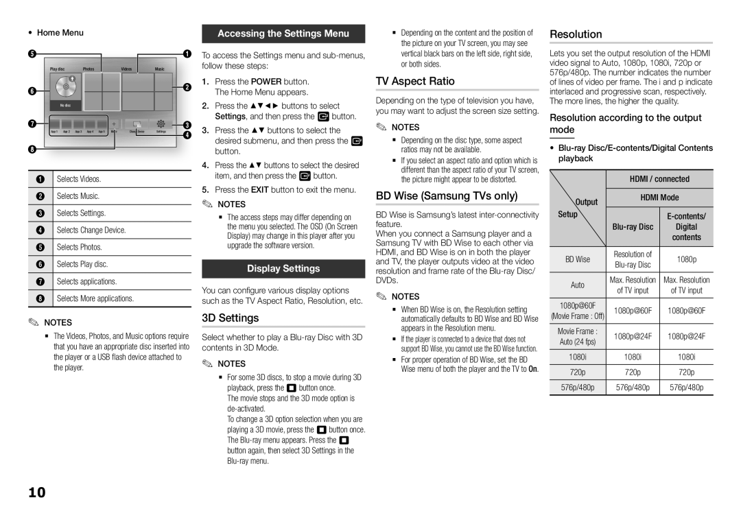 Samsung BD-H5500/SQ manual Resolution, 3D Settings, TV Aspect Ratio, BD Wise Samsung TVs only, Display Settings 