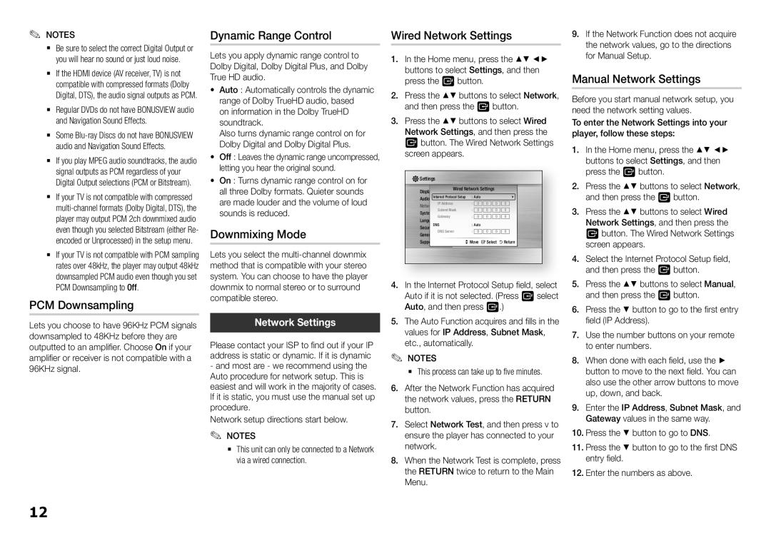 Samsung BD-H5500/SQ manual Dynamic Range Control, PCM Downsampling, Downmixing Mode, Manual Network Settings 