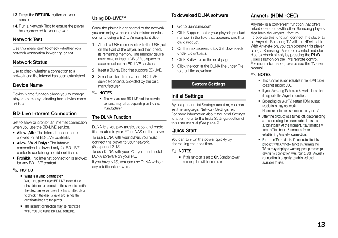 Samsung BD-H5500/SQ Network Test, Network Status, Device Name, BD-Live Internet Connection, Initial Settings, Quick Start 