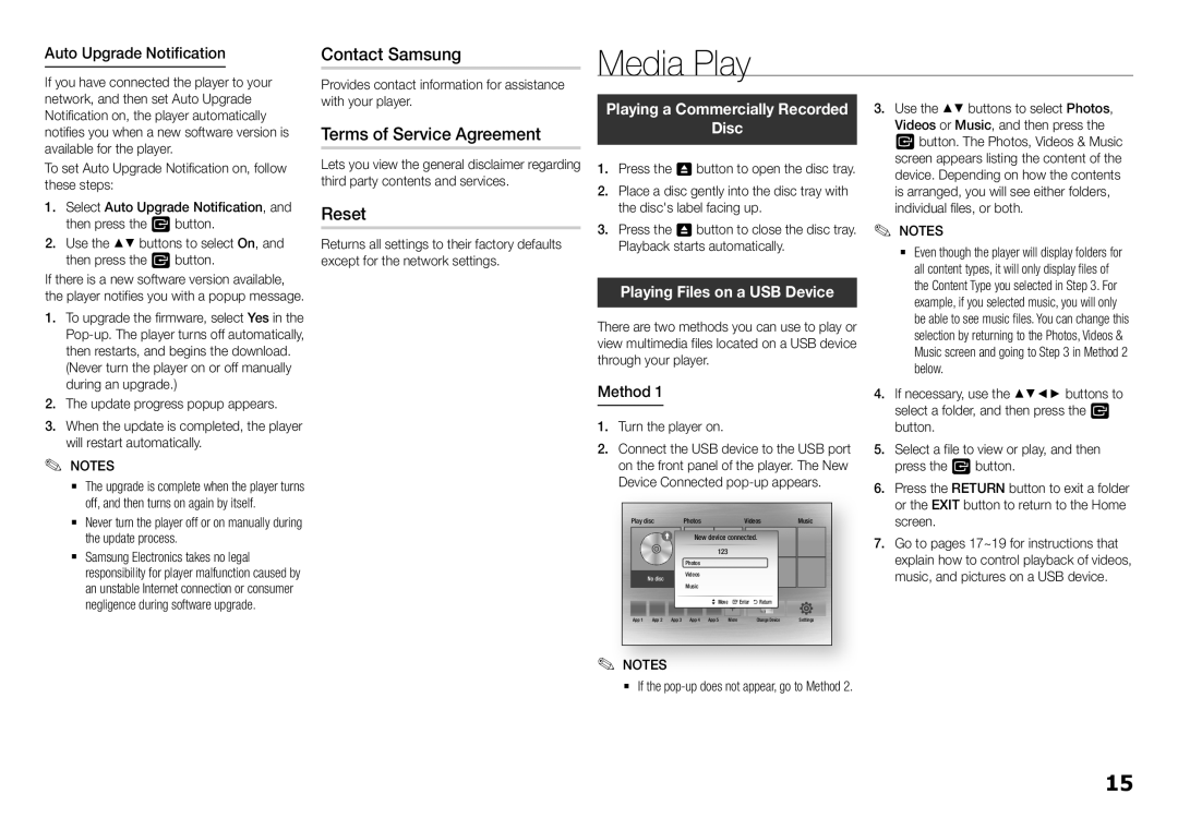 Samsung BD-H5500/SQ manual Media Play, Contact Samsung, Terms of Service Agreement, Reset 