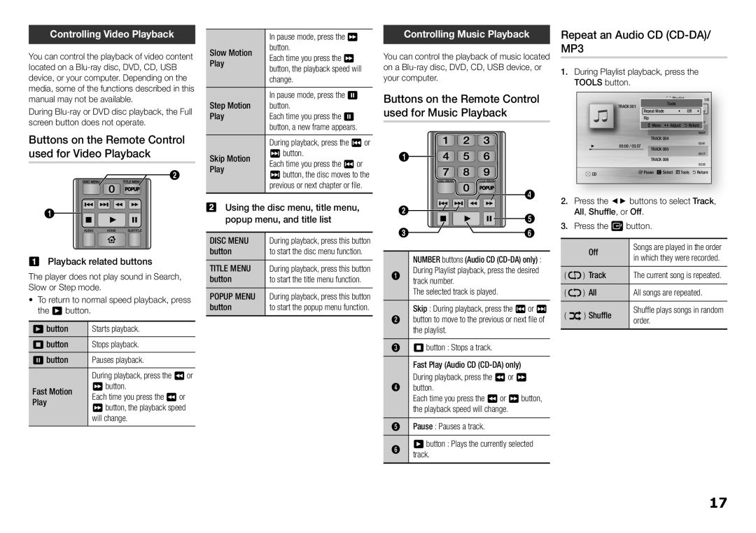 Samsung BD-H5500/SQ manual Repeat an Audio CD CD-DA/ MP3, Controlling Video Playback, Controlling Music Playback 