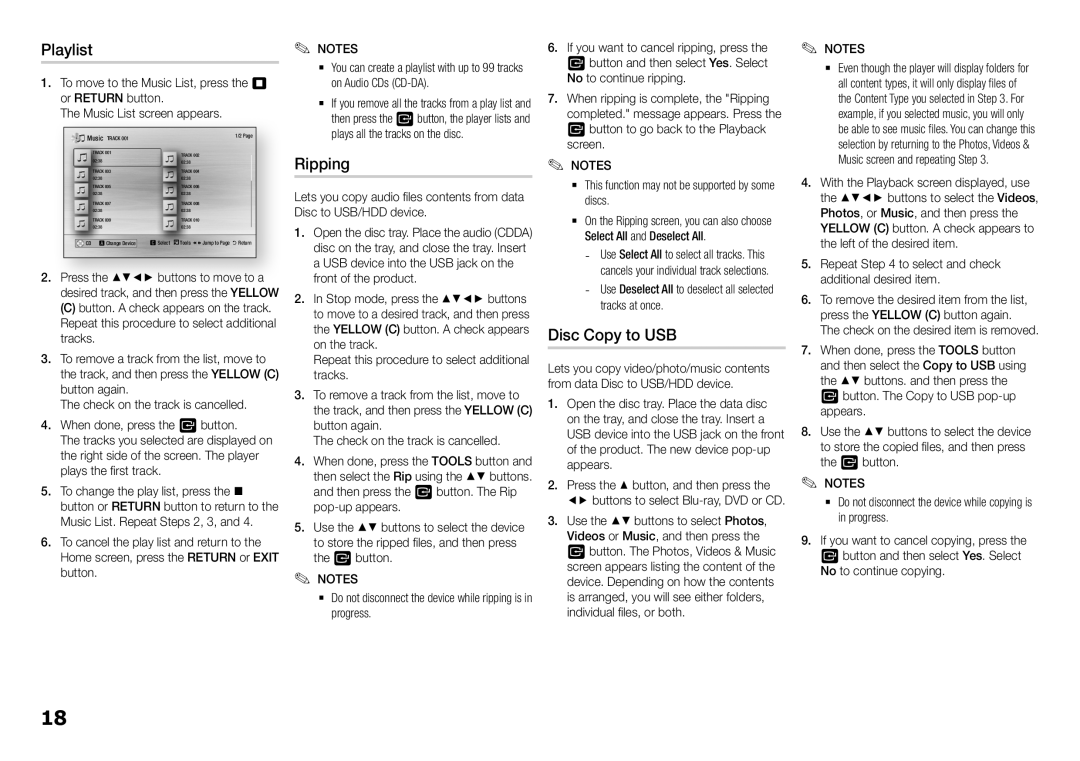 Samsung BD-H5500/SQ manual Playlist, Ripping, Disc Copy to USB 