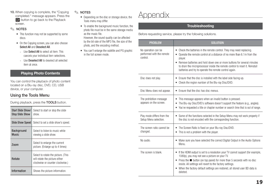 Samsung BD-H5500/SQ manual Appendix, Using the Tools Menu, Playing Photo Contents, Troubleshooting 