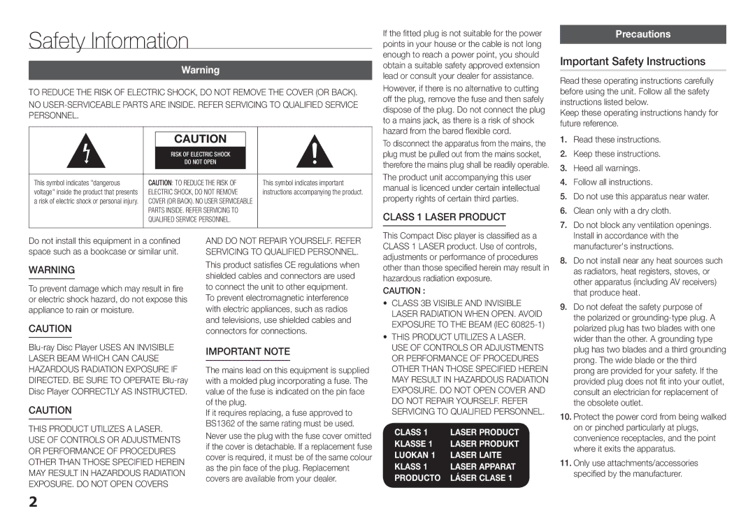 Samsung BD-H5500/SQ manual Safety Information, Important Safety Instructions, Class 1 Laser product, Precautions 