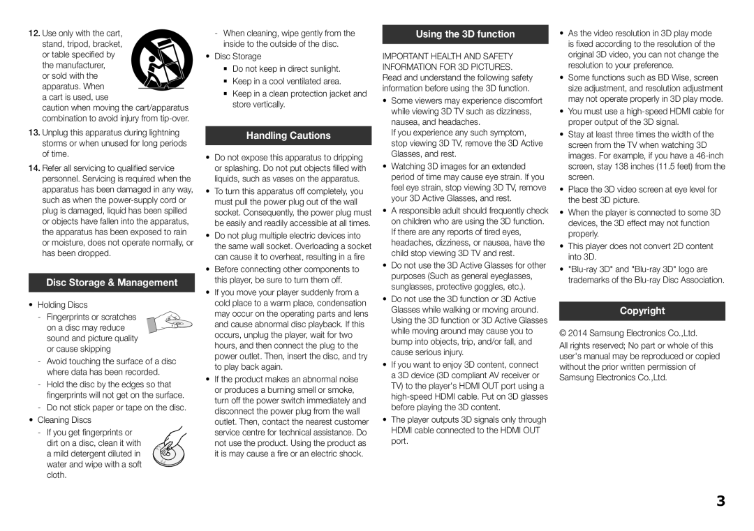 Samsung BD-H5500/SQ manual Disc Storage & Management, Handling Cautions, Using the 3D function, Copyright 