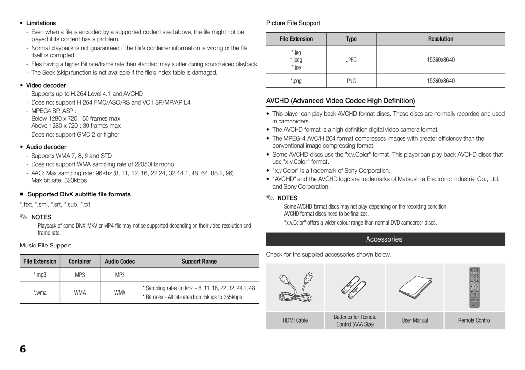 Samsung BD-H5500/SQ manual Avchd Advanced Video Codec High Definition, Accessories, „„ Supported DivX subtitle file formats 