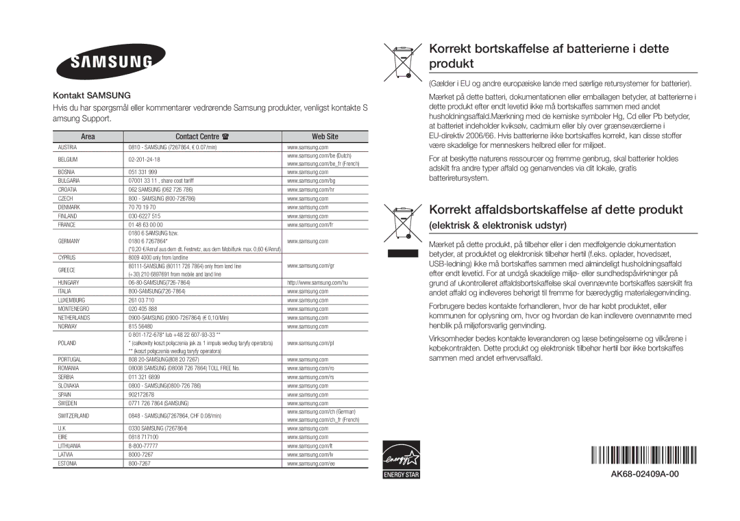 Samsung BD-H5500/XE manual Korrekt bortskaffelse af batterierne i dette produkt 