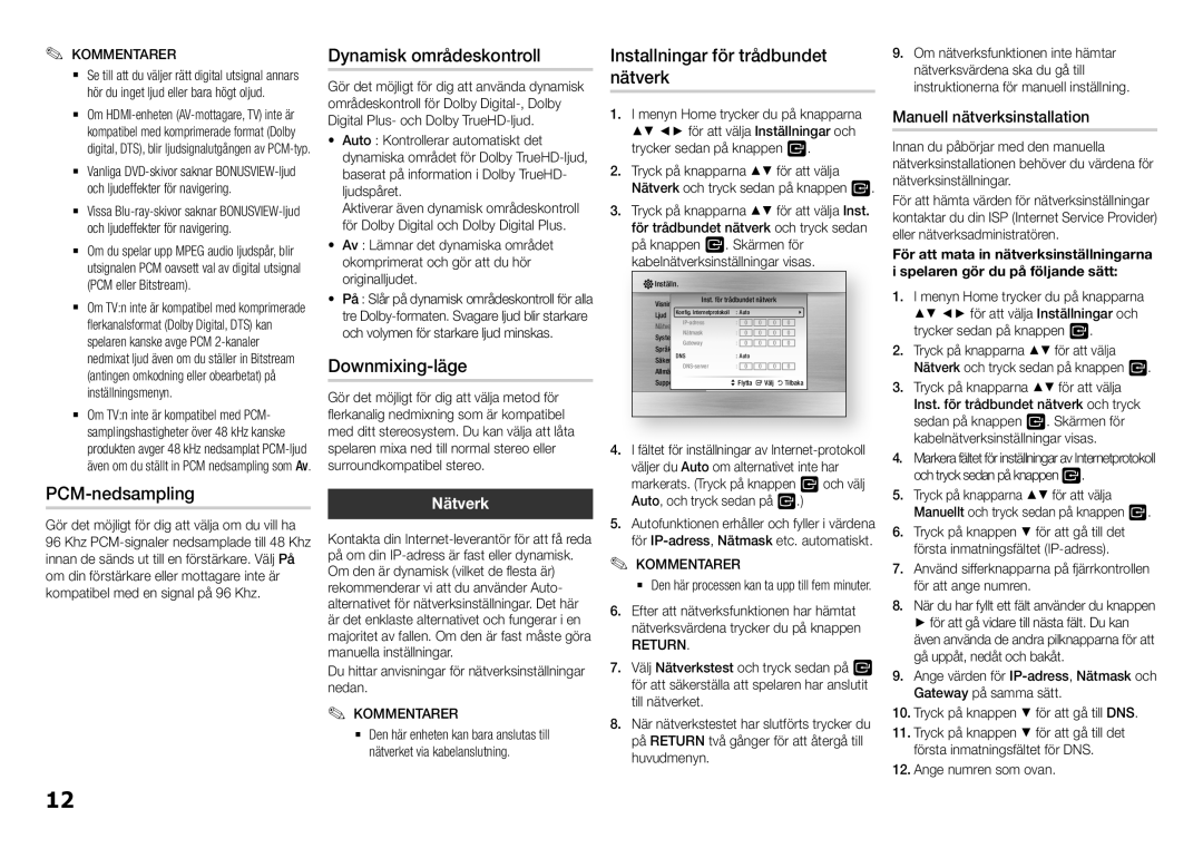 Samsung BD-H5500/XE manual PCM-nedsampling, Dynamisk områdeskontroll, Downmixing-läge, Installningar för trådbundet nätverk 